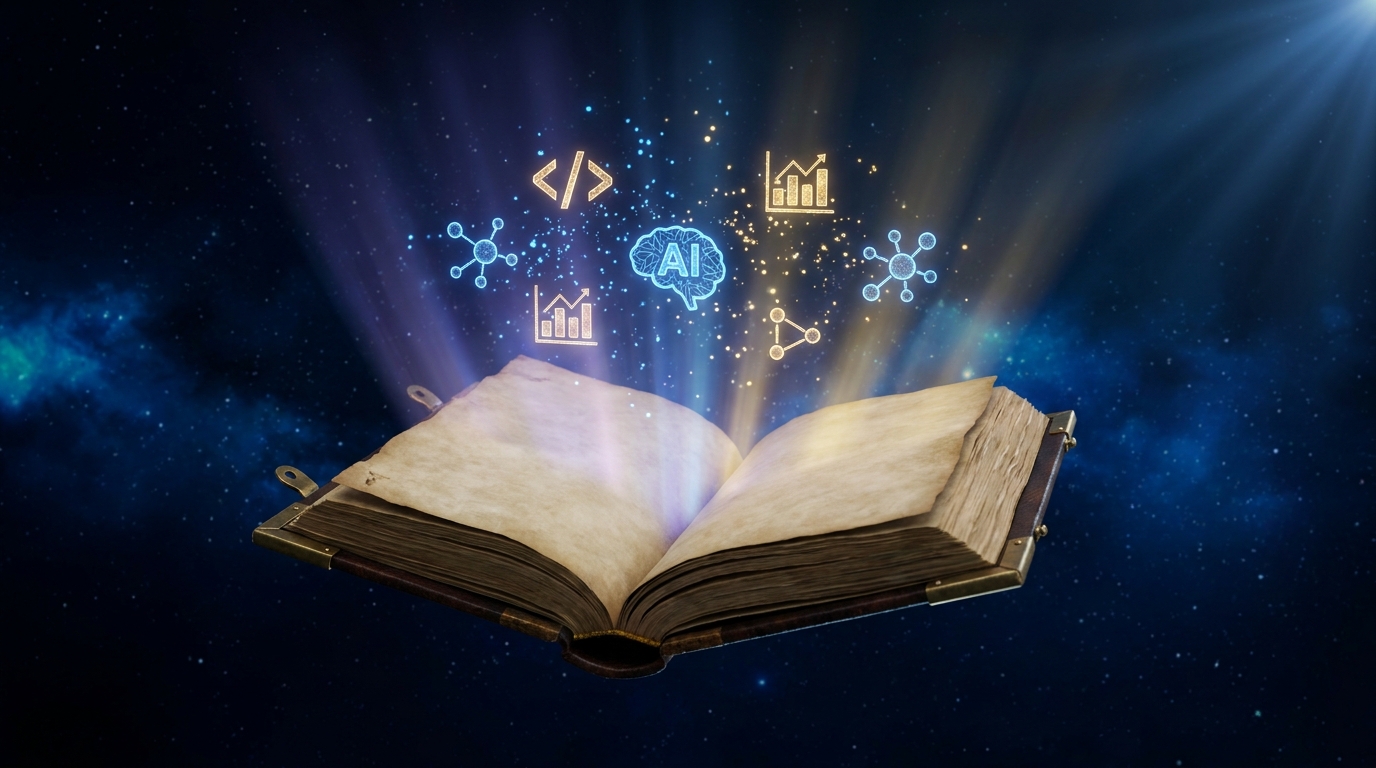 Glowing open book of knowledge with digital education icons rising from pages